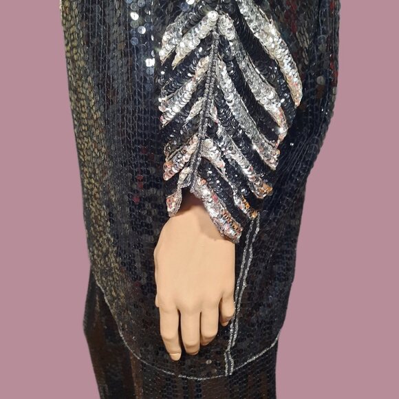 Vintage 80s Ann Green Art Deco Silk Sequined Top Pants Set Black Silver Womens L - Picture 6 of 10